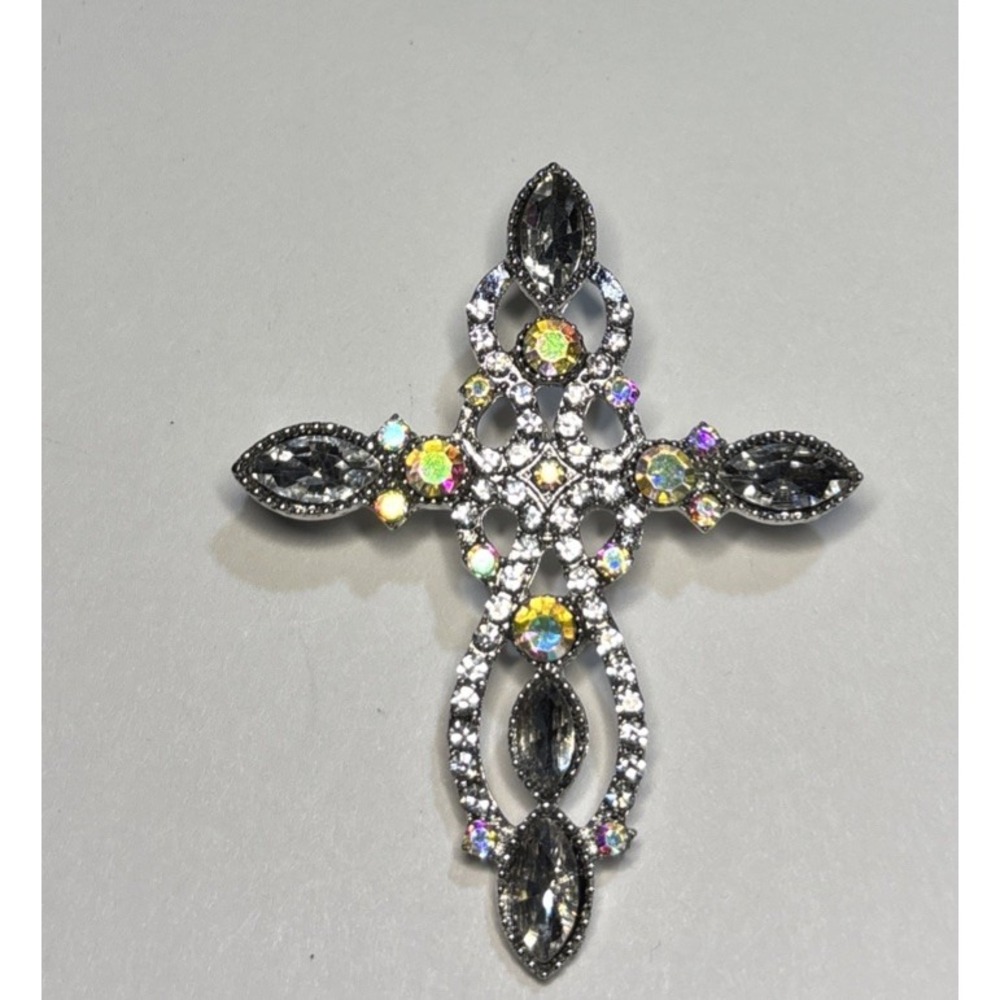 Ornate Cross Brooch Clear AB Rhinestones Silver Tone Filigree Pin 2"